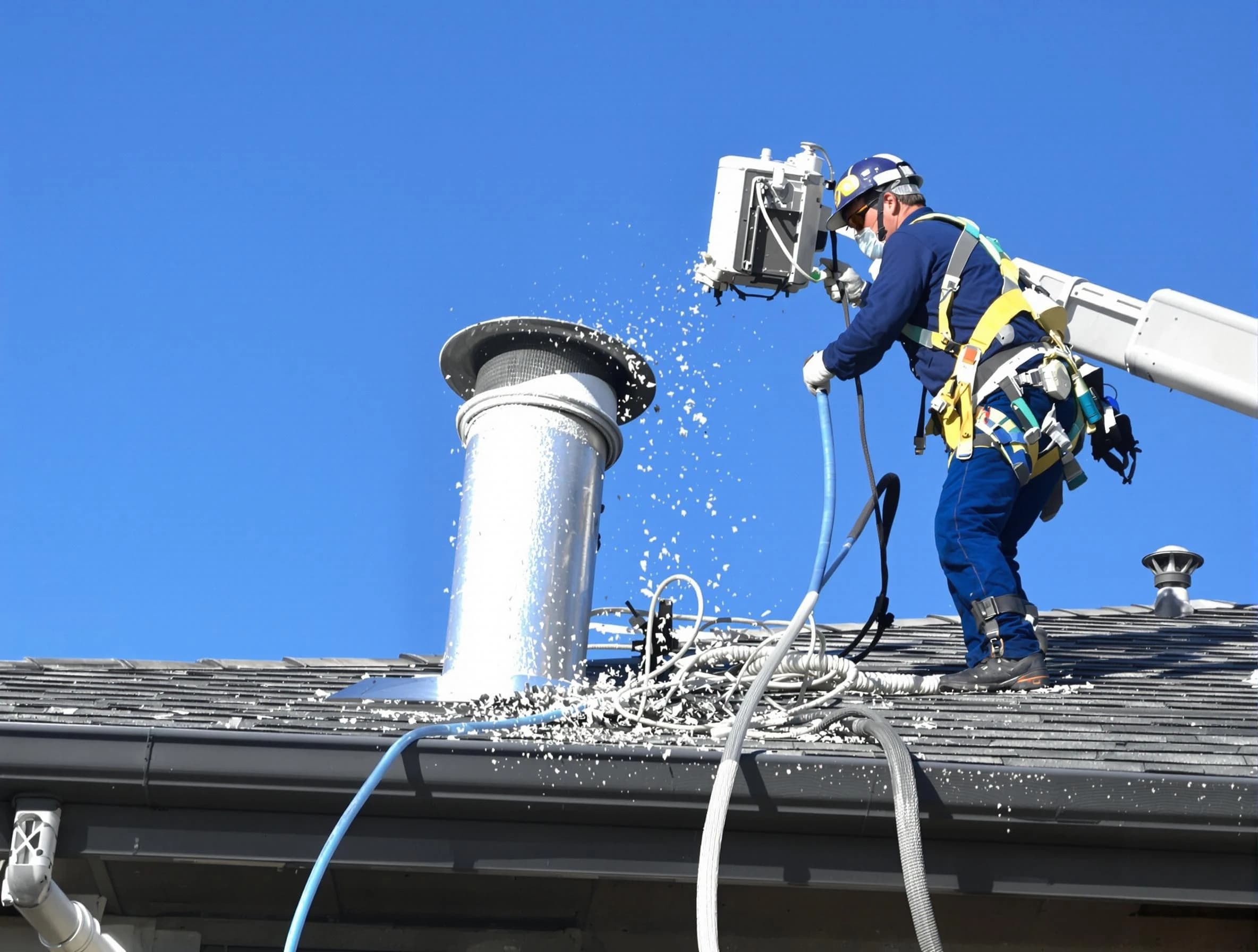 Somerville Dryer Vent Cleaning certified technician safely cleaning a roof-mounted dryer vent in Somerville
