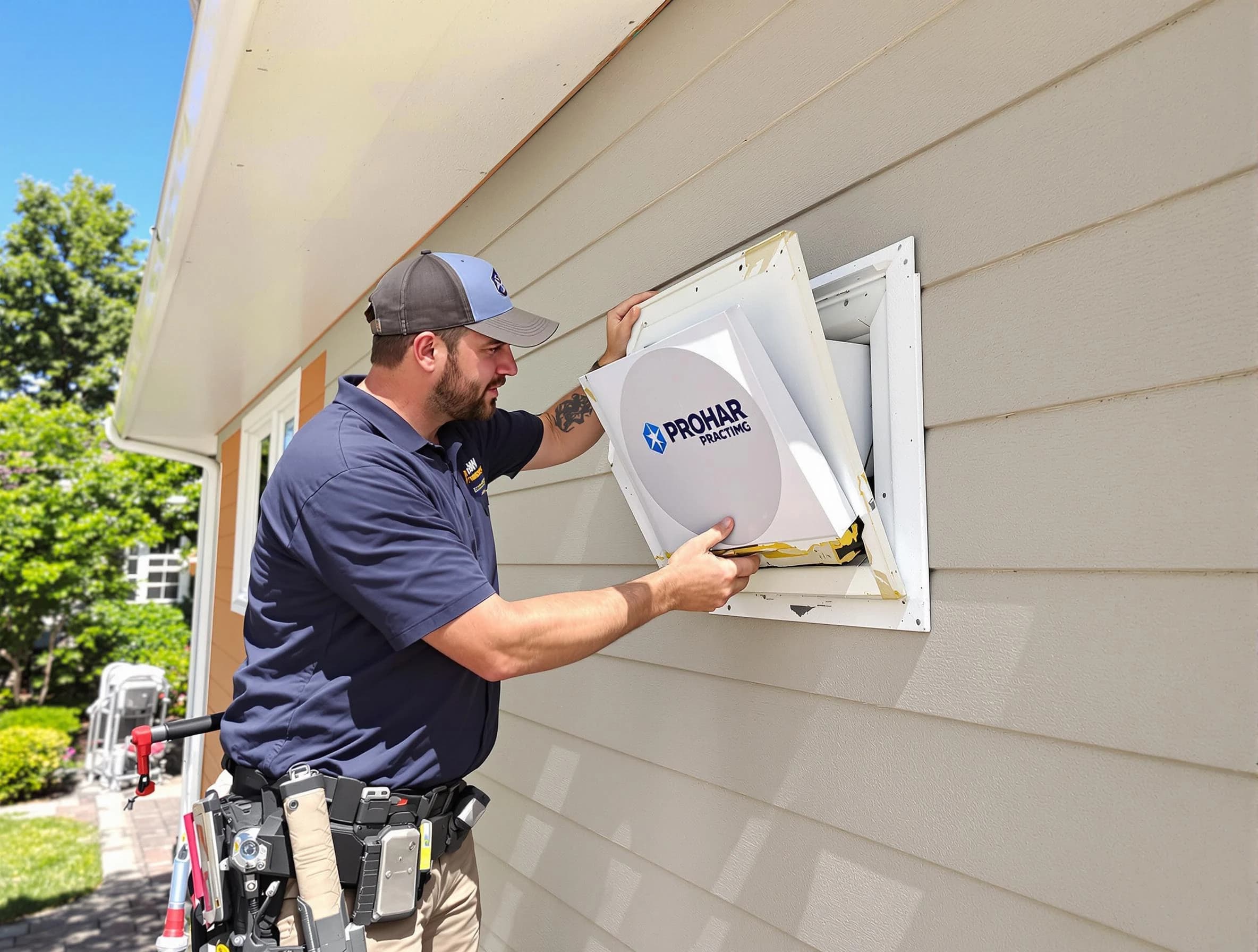 Somerville Dryer Vent Cleaning technician installing a new protective dryer vent cover on a home in Somerville