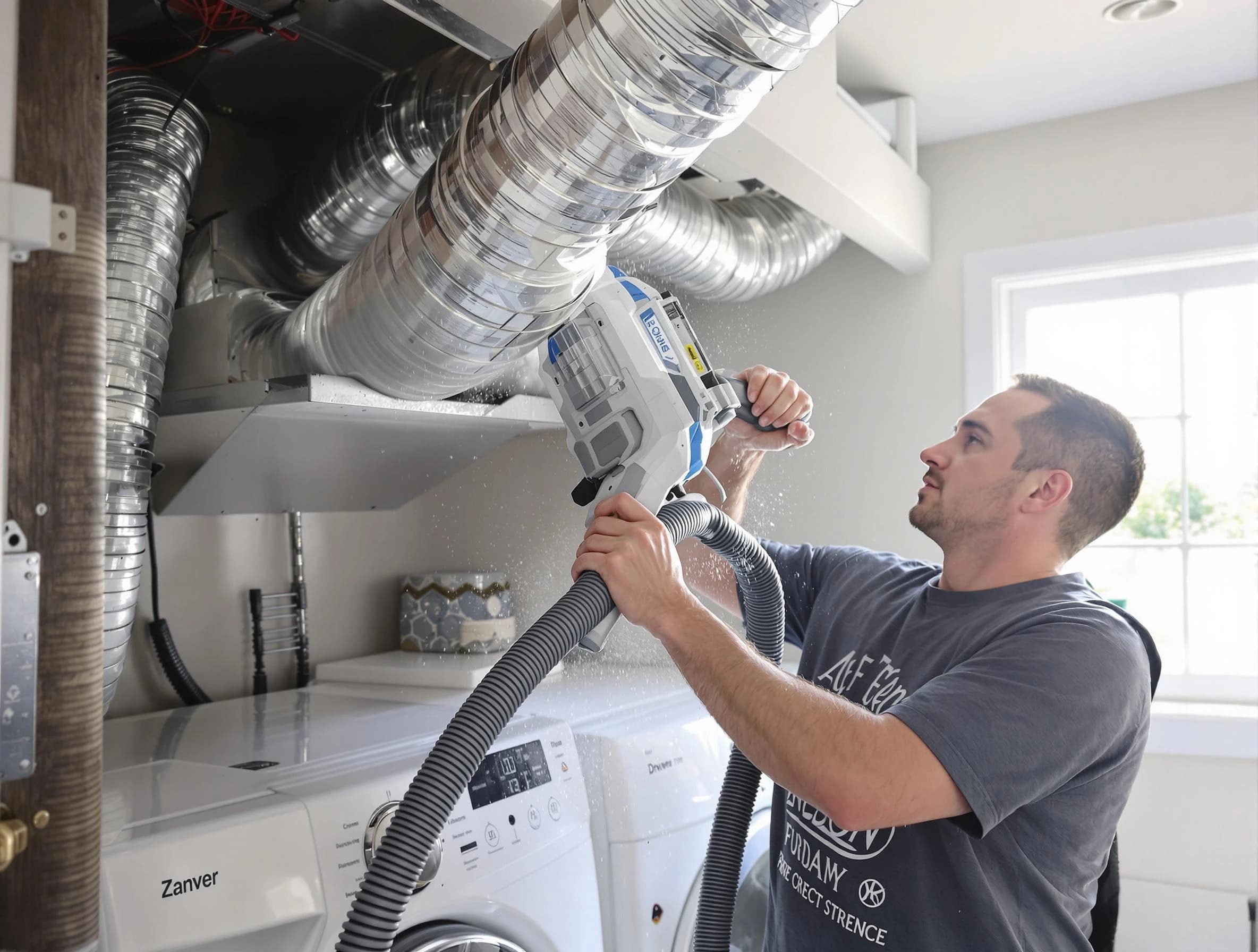 Somerville Dryer Vent Cleaning specialist cleaning deep within a dryer vent duct system in Somerville