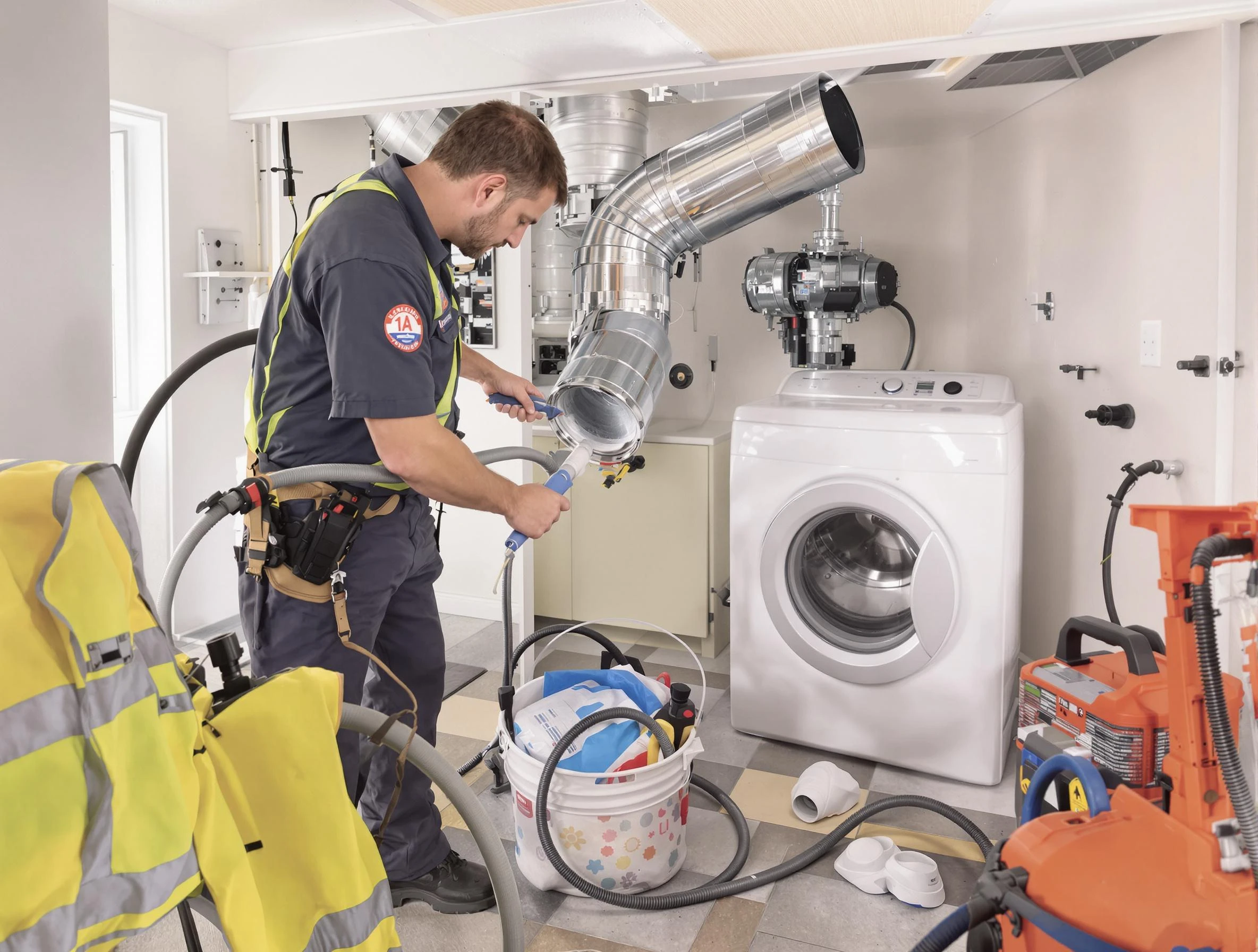 Somerville Dryer Vent Cleaning technician using specialized equipment to clear severe dryer vent blockage in Somerville